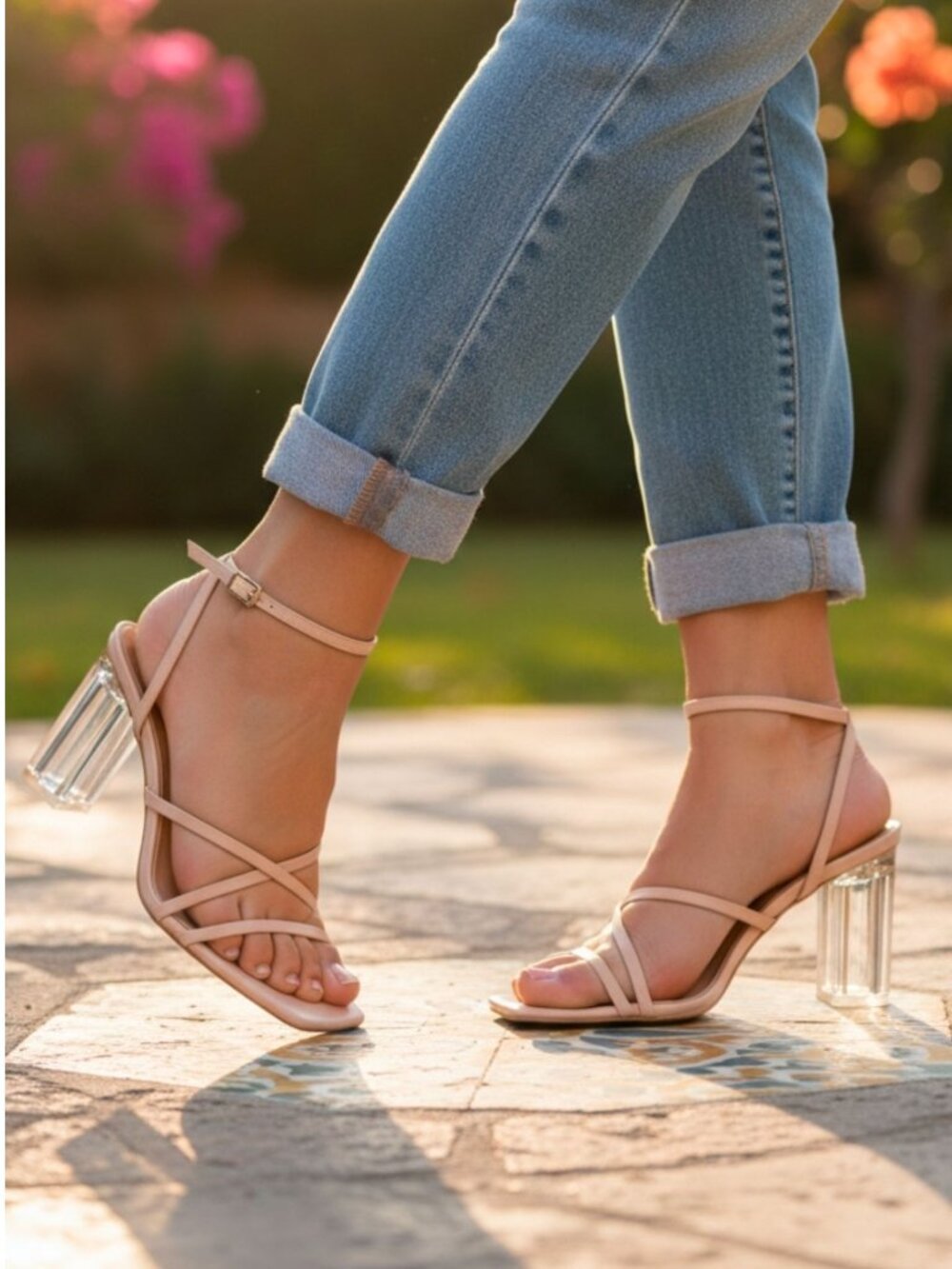 Strappy Nude Sandals With Clear Block Heels - Elegant & Versatile Design For Wom